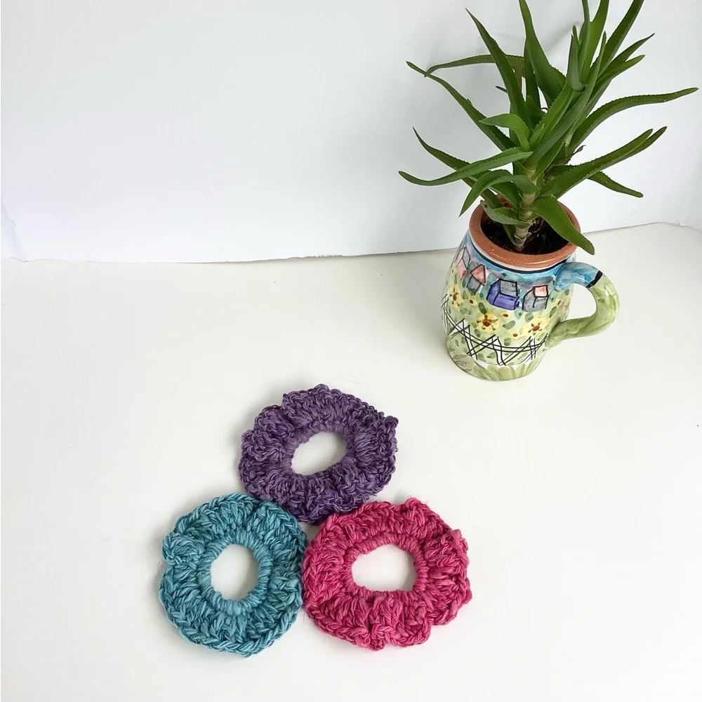 Hair Accessories Scrunchies Hand Crafted Mohair Silk Blue Purple Mauve Crochet